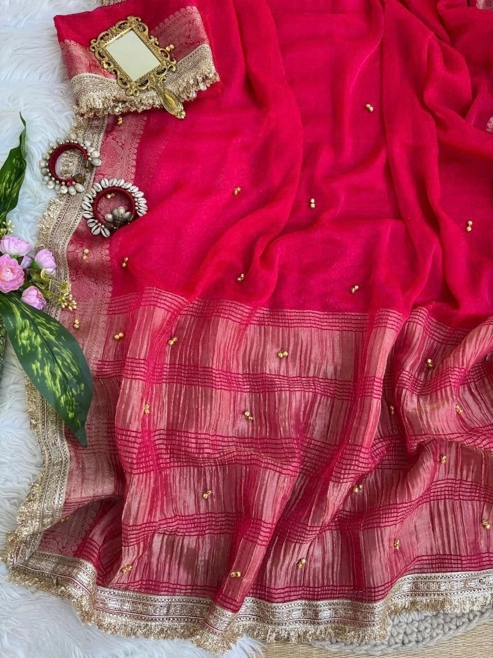 Rani hand ghungroo saree pallu and lace border detail – Kalyanja KS406